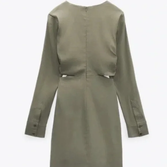 Zara Army Green Linen Blend Dress with Cutouts - Picture 5 of 7